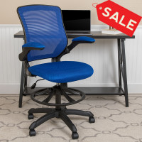 Flash Furniture BL-ZP-8805D-BLUE-GG Mid-Back Blue Mesh Ergonomic Drafting Chair with Adjustable Foot Ring and Flip-Up Arms